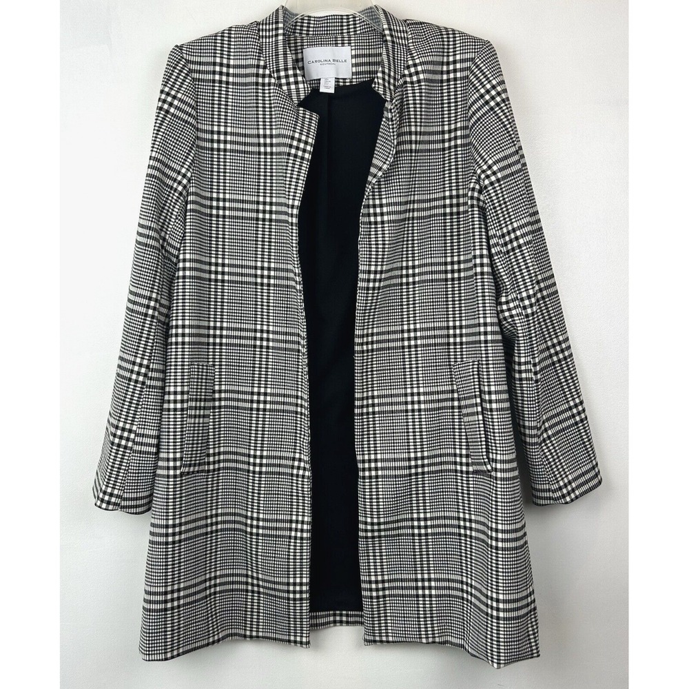 Plaid Jacket Womens L arge Black Long Blazer Trench Open Old Money Professional